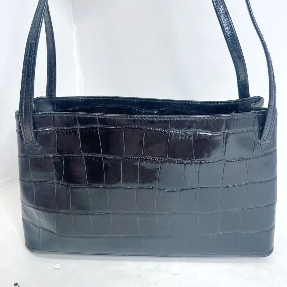 Vintage Monsac Black Crocodile Embossed Leather Shoulder Bag Purse - Picture 2 of 10